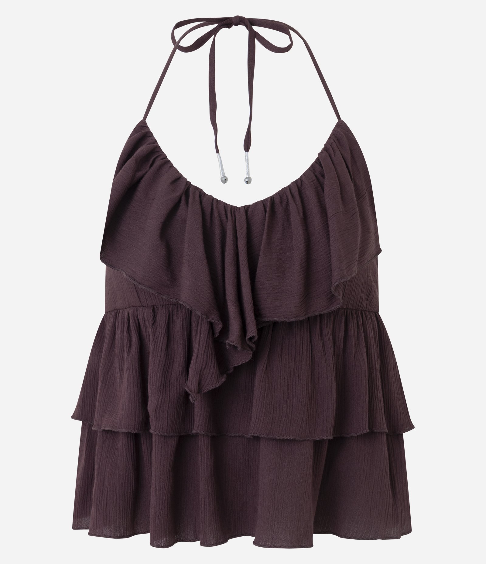 Blusa Frente Única com Babados e Amarração Marrom 4