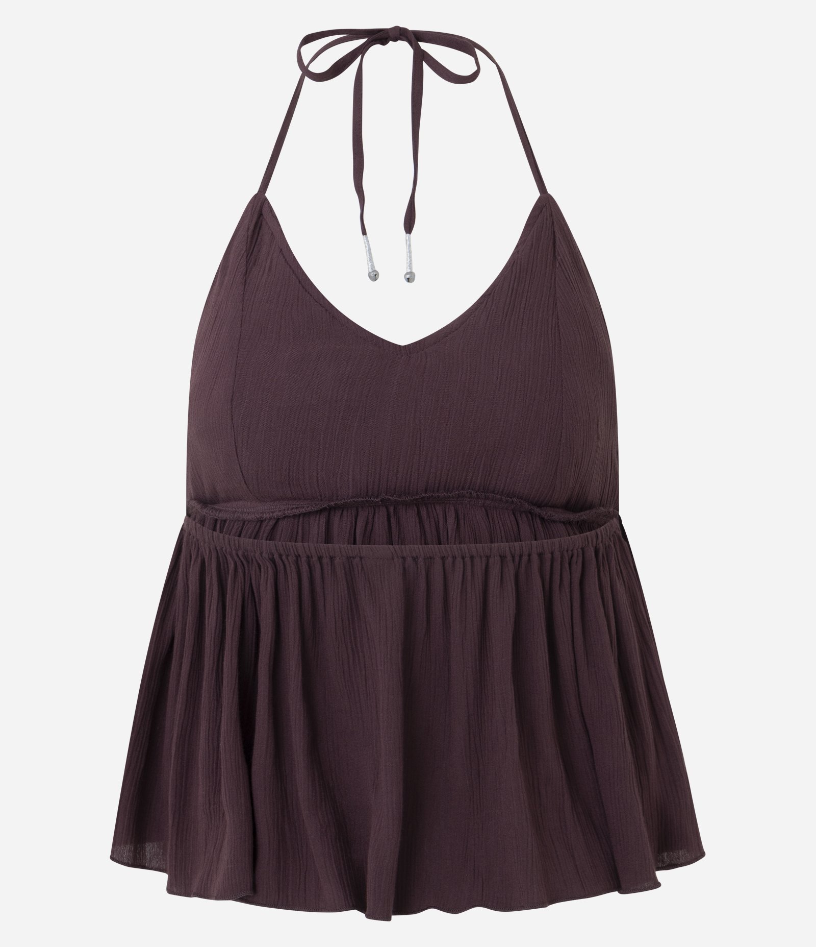 Blusa Frente Única com Babados e Amarração Marrom 6