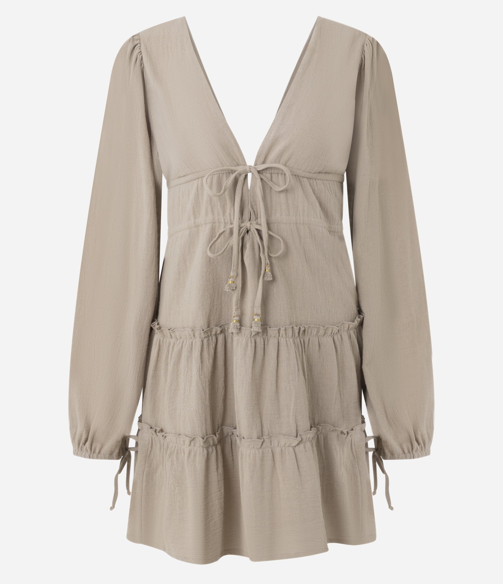Vestido Curto em Laise com Decote V e Saia em Marias Bege Taupe 4