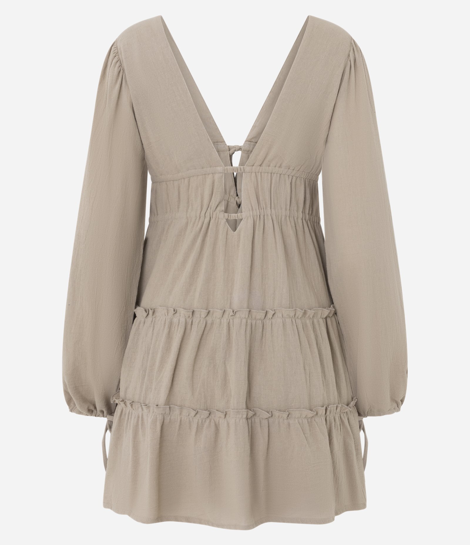 Vestido Curto em Laise com Decote V e Saia em Marias Bege Taupe 6