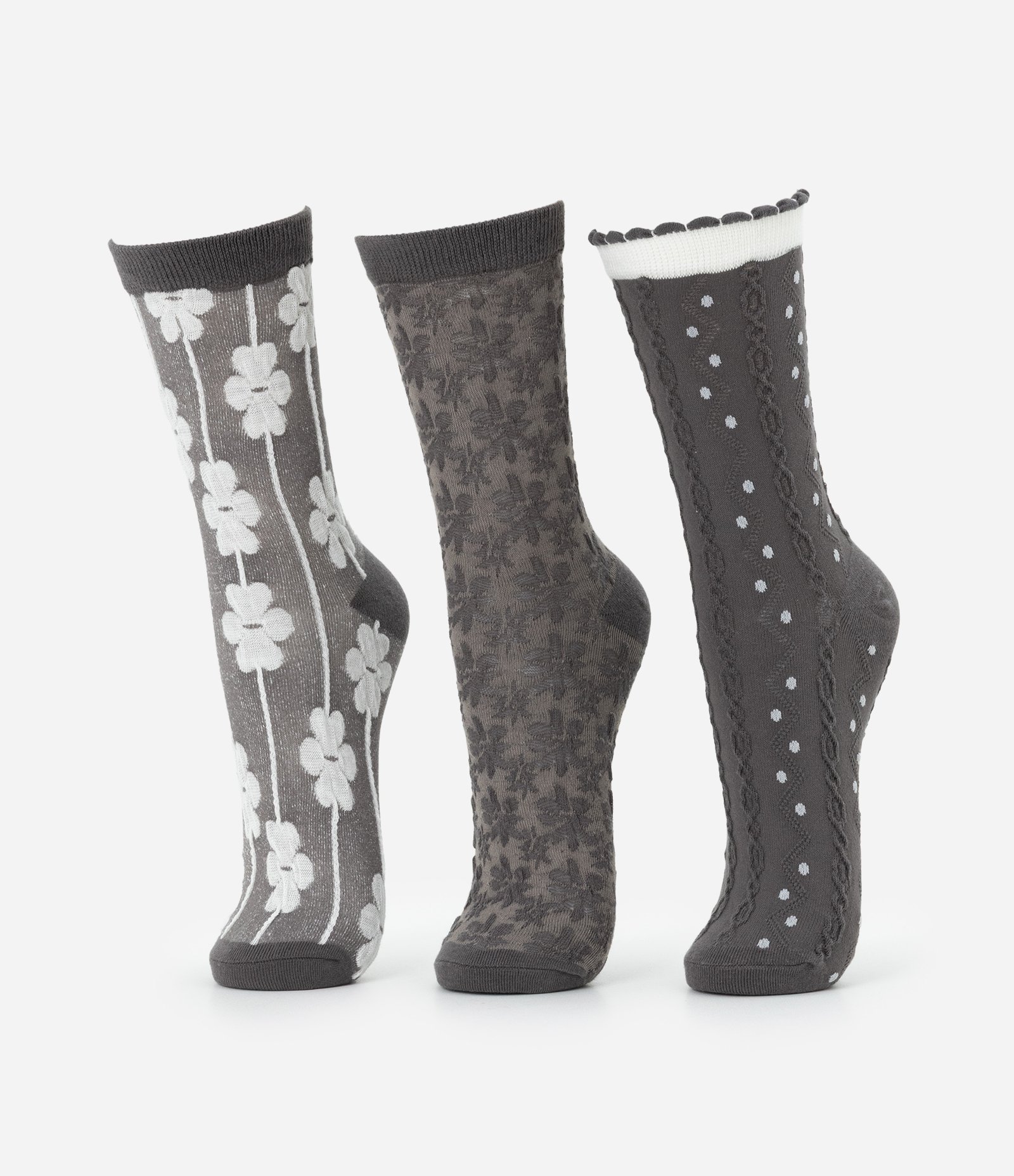 Kit 03 Meias Cano Médio em Algodão Texturizadas Cinza 1