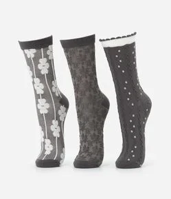 Kit 03 Meias Cano Médio em Algodão Texturizadas