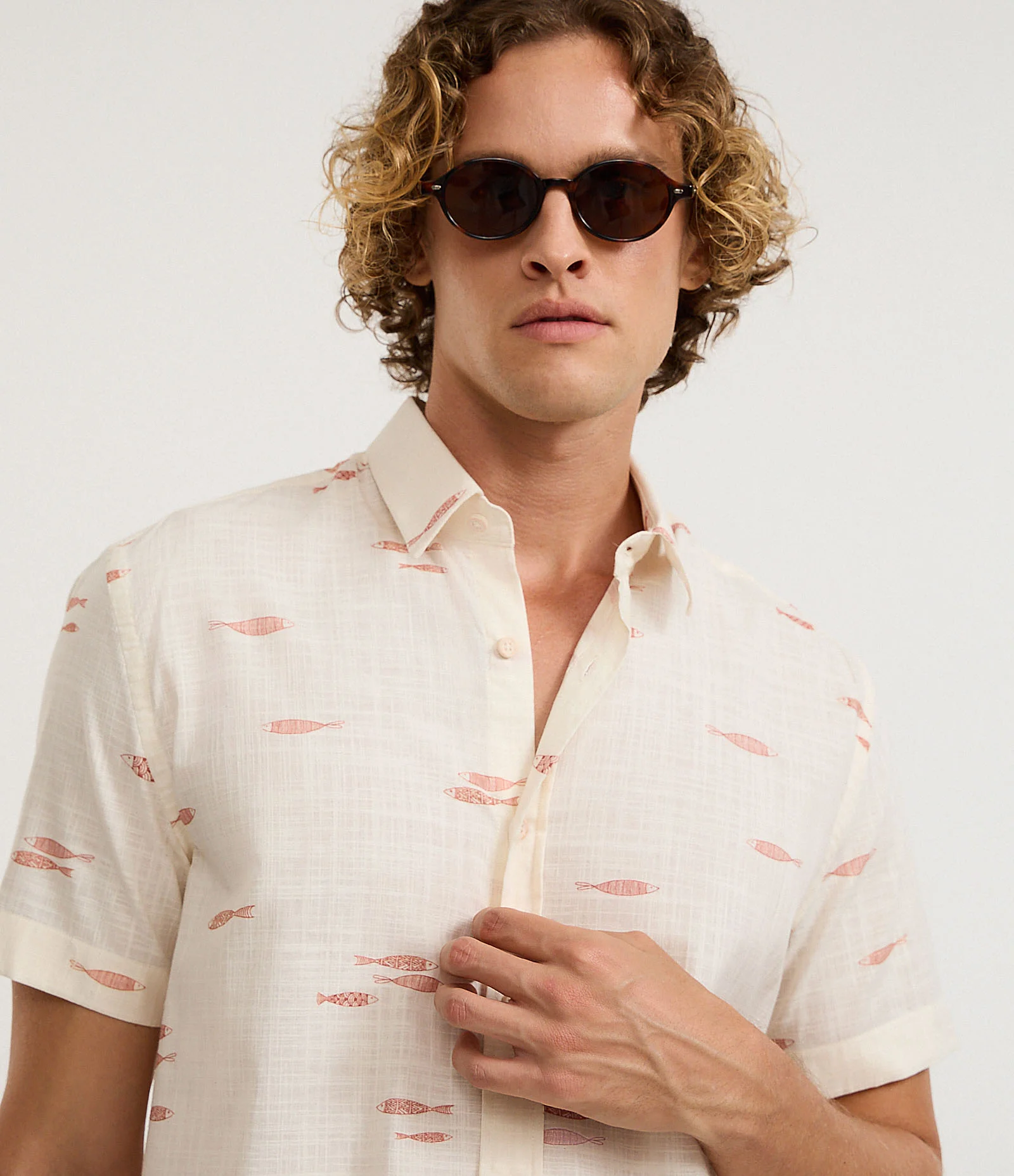 Camisa Comfort em algodão com Estampa Espinha de Peixe Branco 5