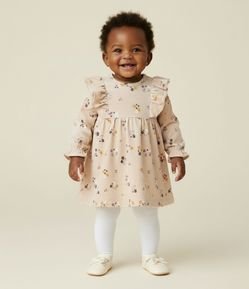 Vestido Infantil em Ribana Floral com Babado e Meia Calça – Tam 0 a 18 Meses