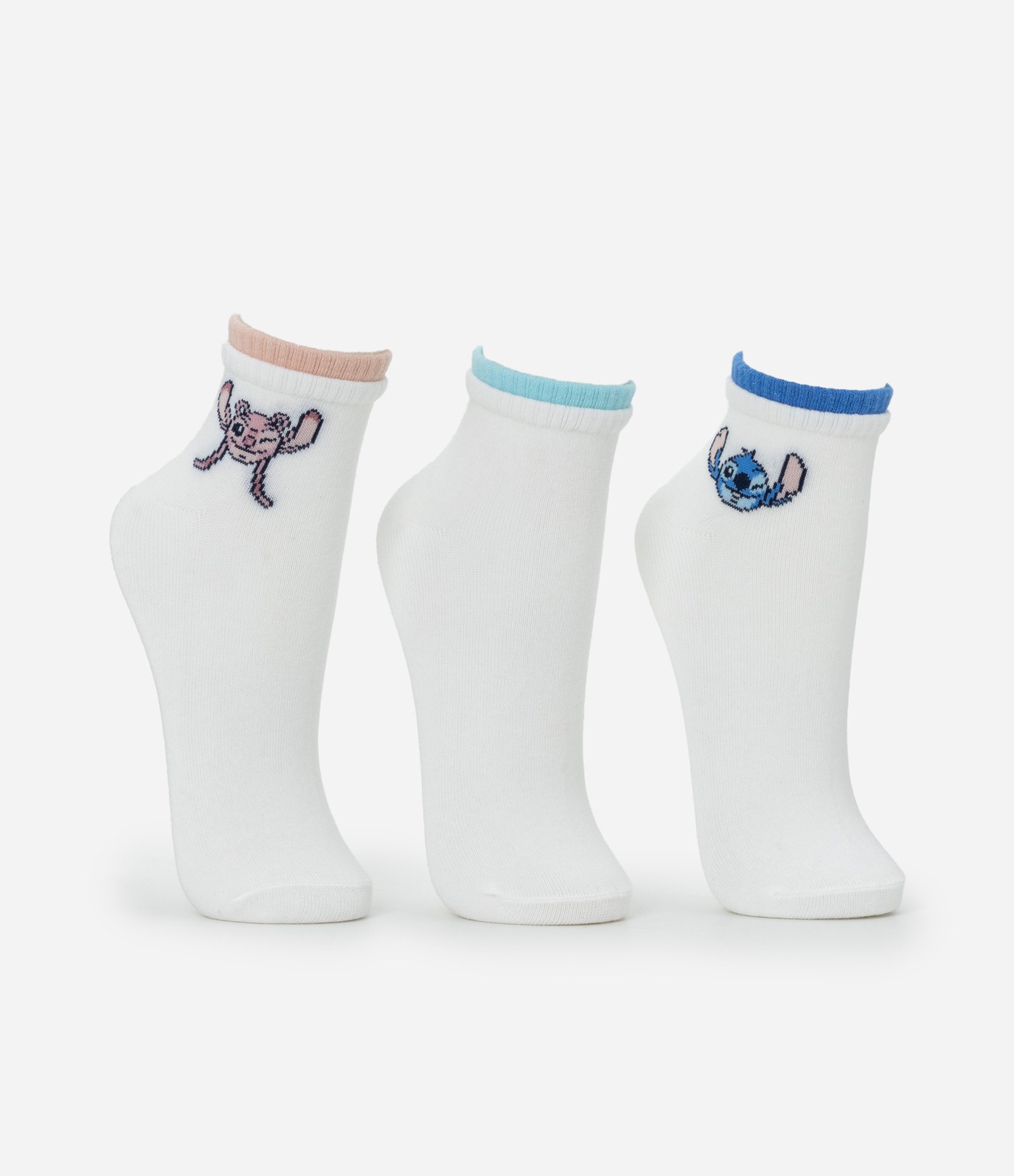 Kit 03 Meias Cano Baixo em Algodão Stitch e Angel Branco 2