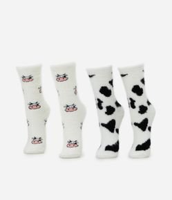 Kit 02 Meias Peludinhas de Cano Alto e Estampa Vaca