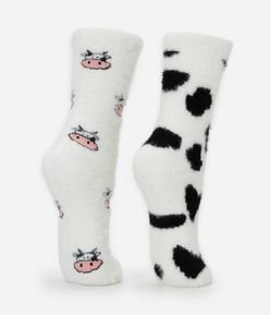 Kit 02 Meias Peludinhas de Cano Alto e Estampa Vaca