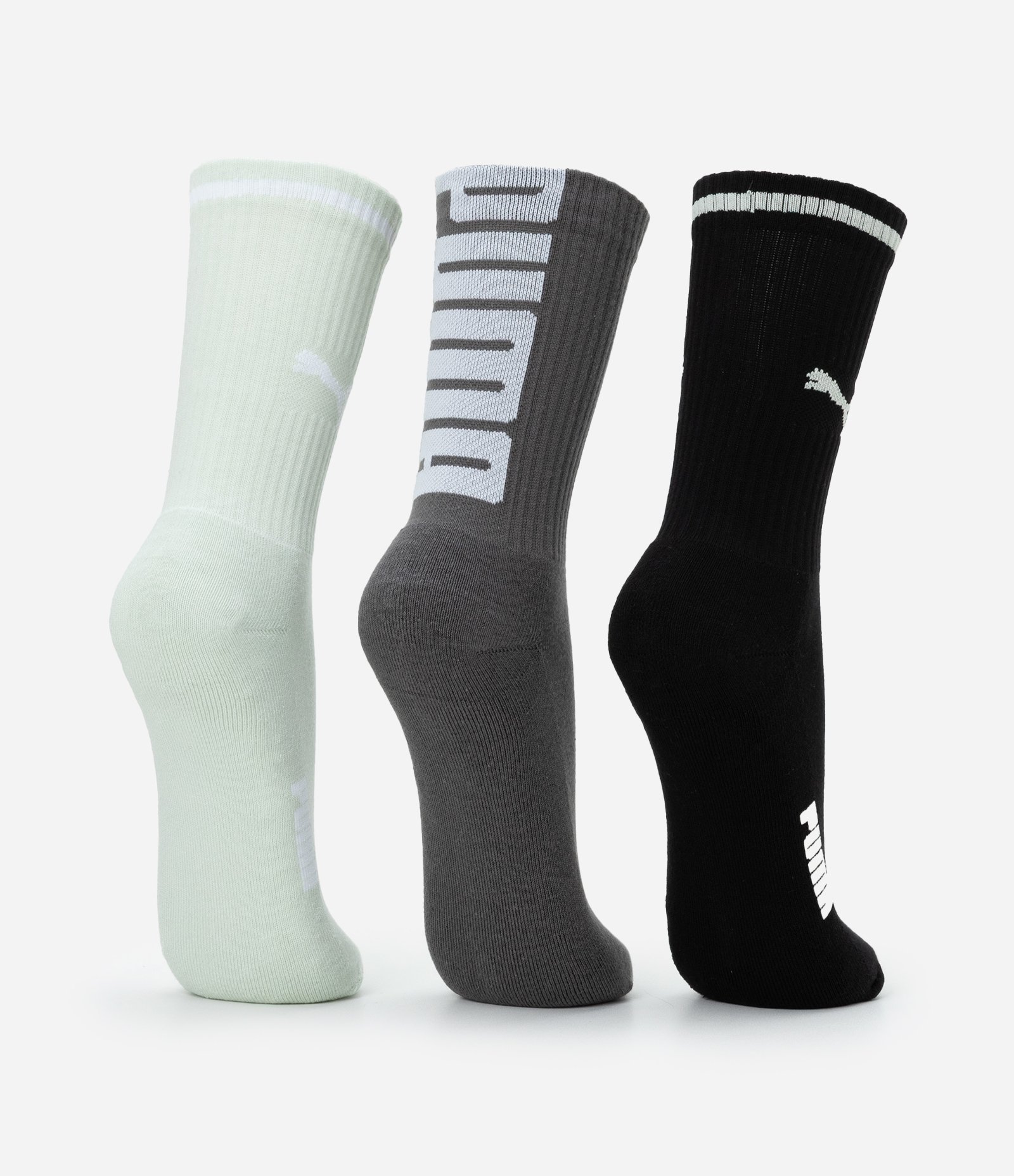 Kit 03 Meias Cano Alto Esportiva em Algodão Puma Vetde/Cinza/Preto 3