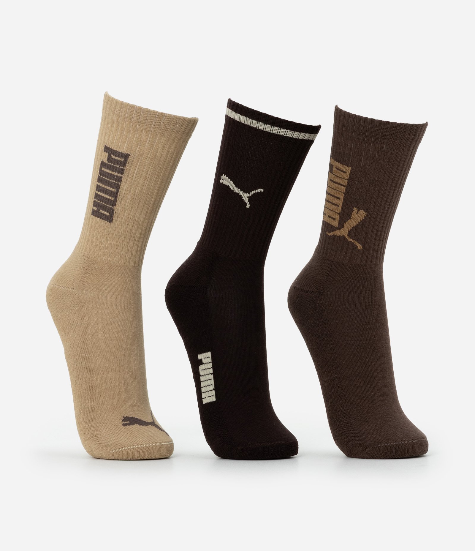 Kit 03 Meias Cano Alto Esportiva em Algodão Puma Preto/Bege/Marrom 2