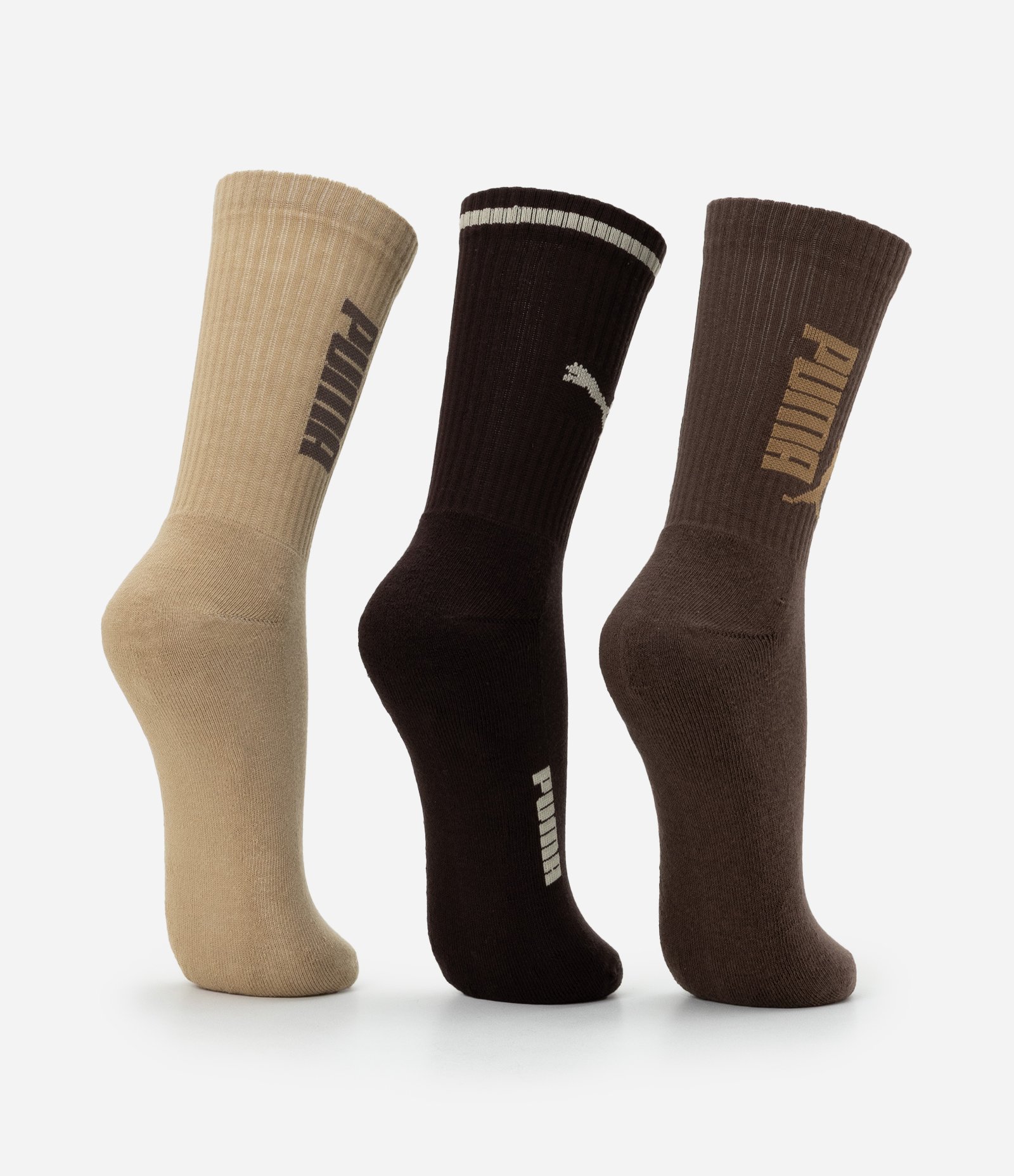 Kit 03 Meias Cano Alto Esportiva em Algodão Puma Preto/Bege/Marrom 3