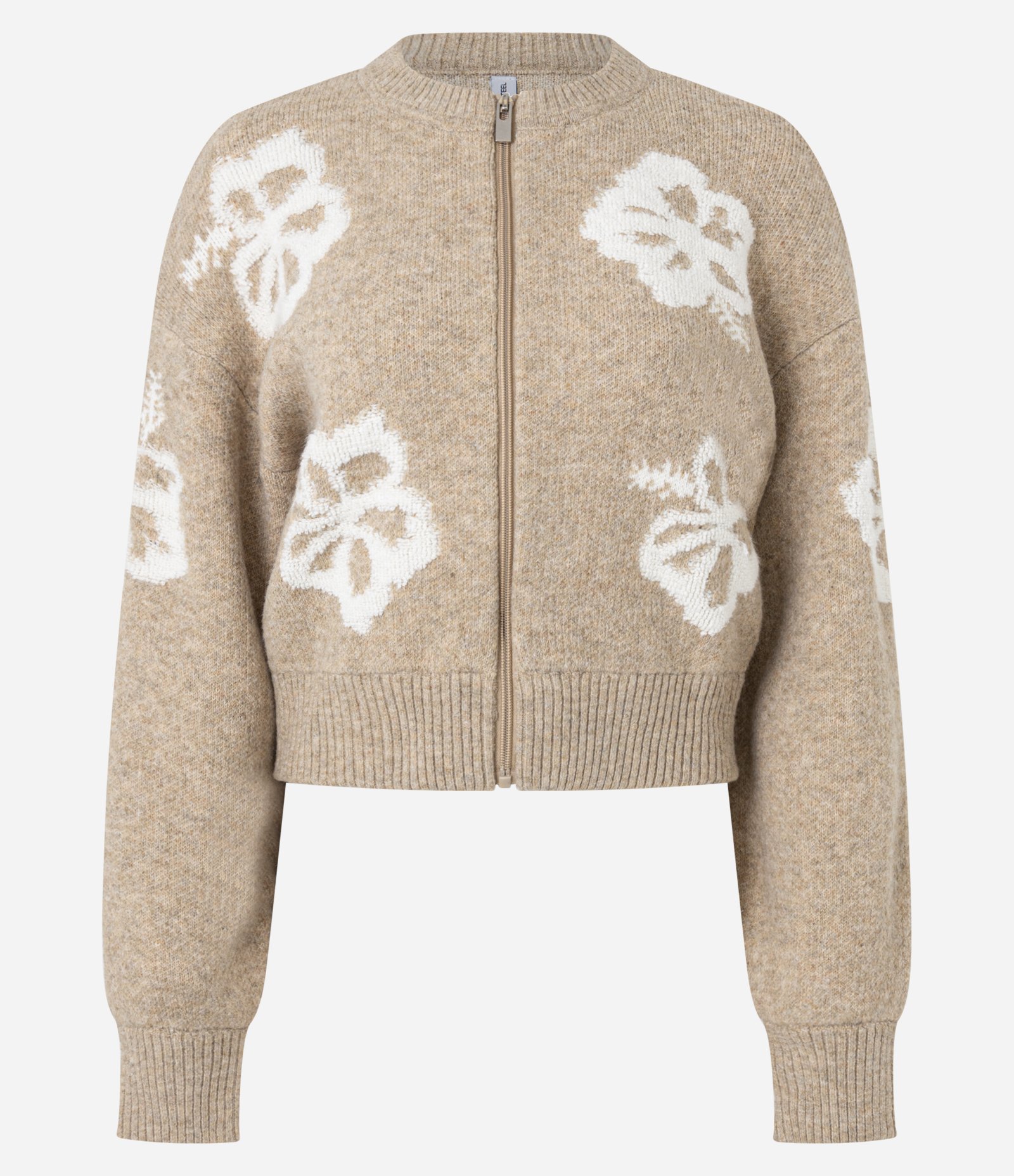 Cardigan Com Zíper Frontal e Estampa de Flores Bege 5