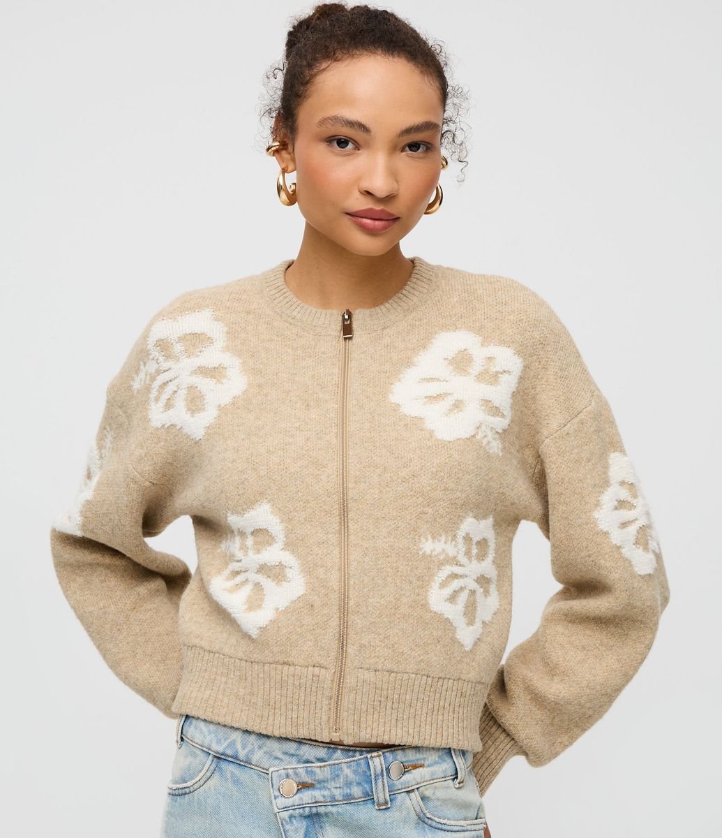 Cardigan Com Zíper Frontal e Estampa de Flores Bege