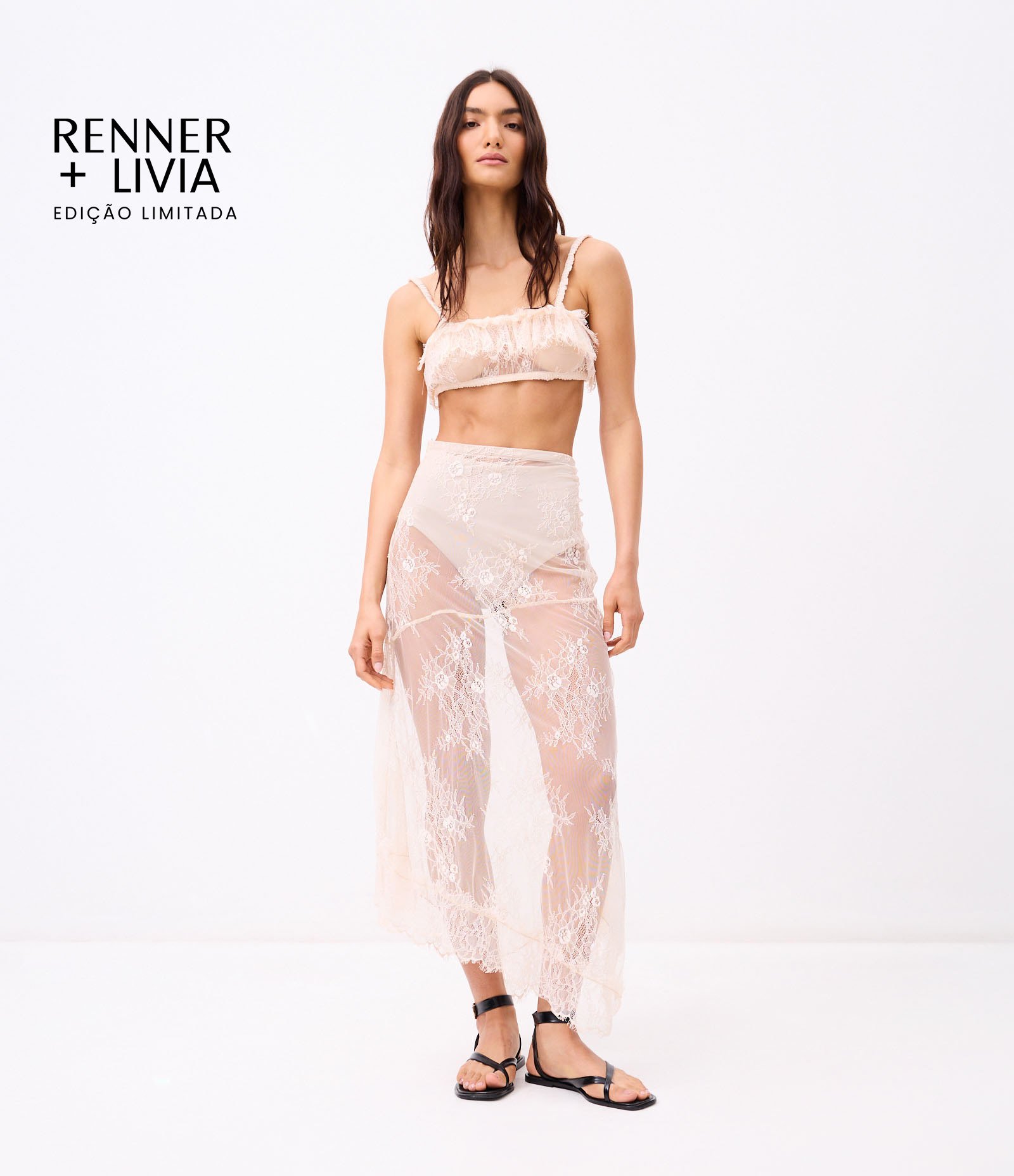 Saia Midi em Renda Floral com Barra Desfeita Bege 1