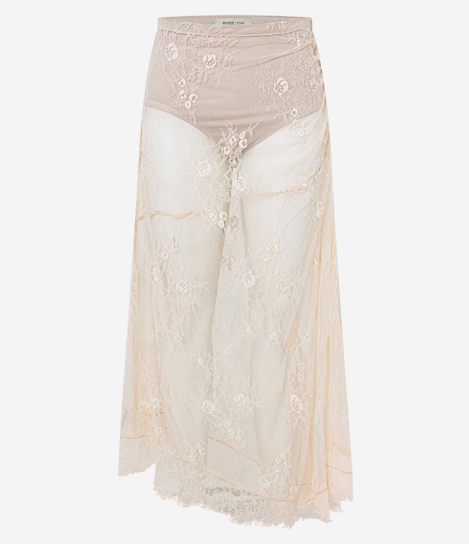 Saia Midi em Renda Floral com Barra Desfeita Bege 9