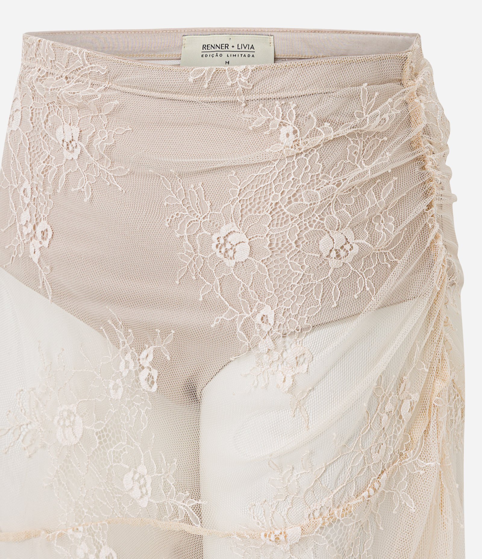 Saia Midi em Renda Floral com Barra Desfeita Bege 10