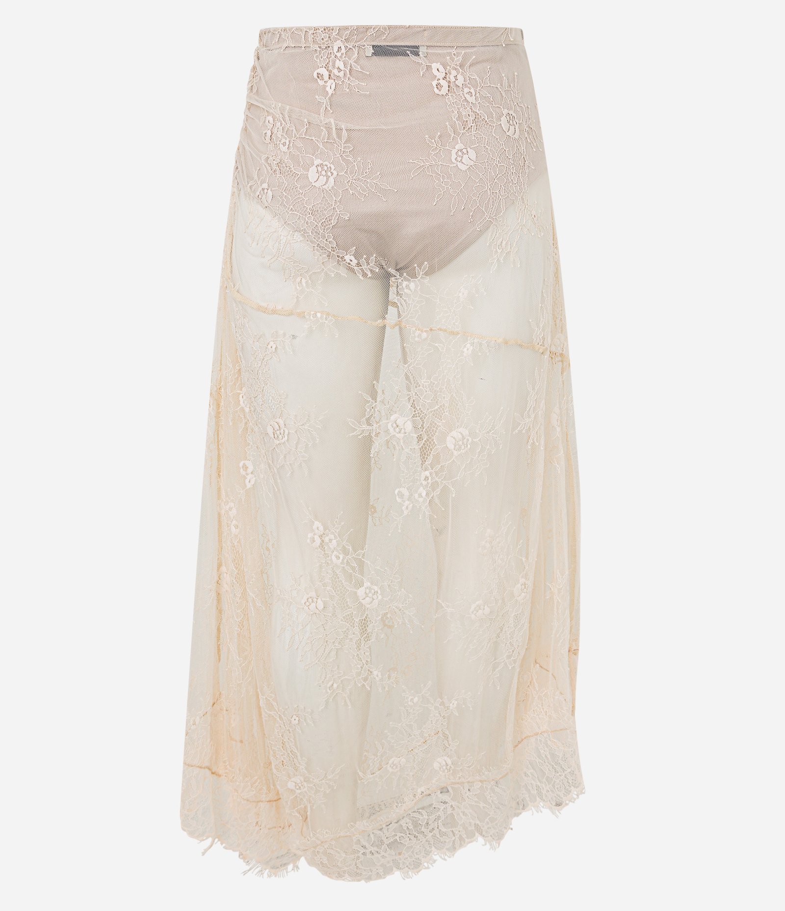 Saia Midi em Renda Floral com Barra Desfeita Bege 11