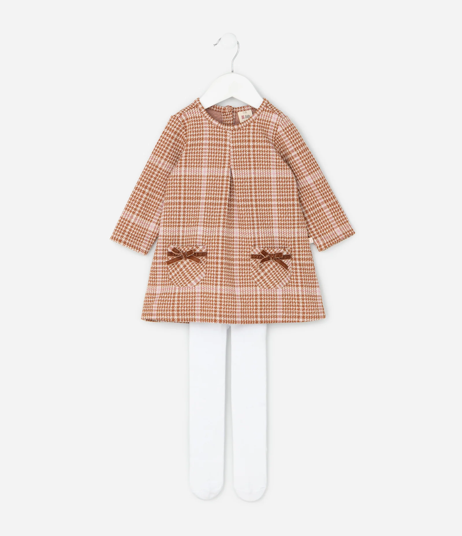 Vestido Infantil Manga Longa Xadrez com Meia-Calça – Tam 0 a 18 Meses Marrom/Branco 1