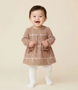 Vestido Infantil Manga Longa Xadrez com Meia-Calça – Tam 0 a 18 Meses