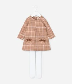 Vestido Infantil Manga Longa Xadrez com Meia-Calça – Tam 0 a 18 Meses