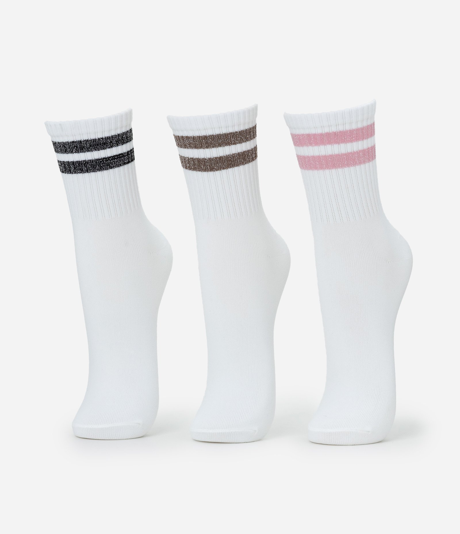Kit 03 Meias Esportivas com Listras em Fio Metalizado Branco 1