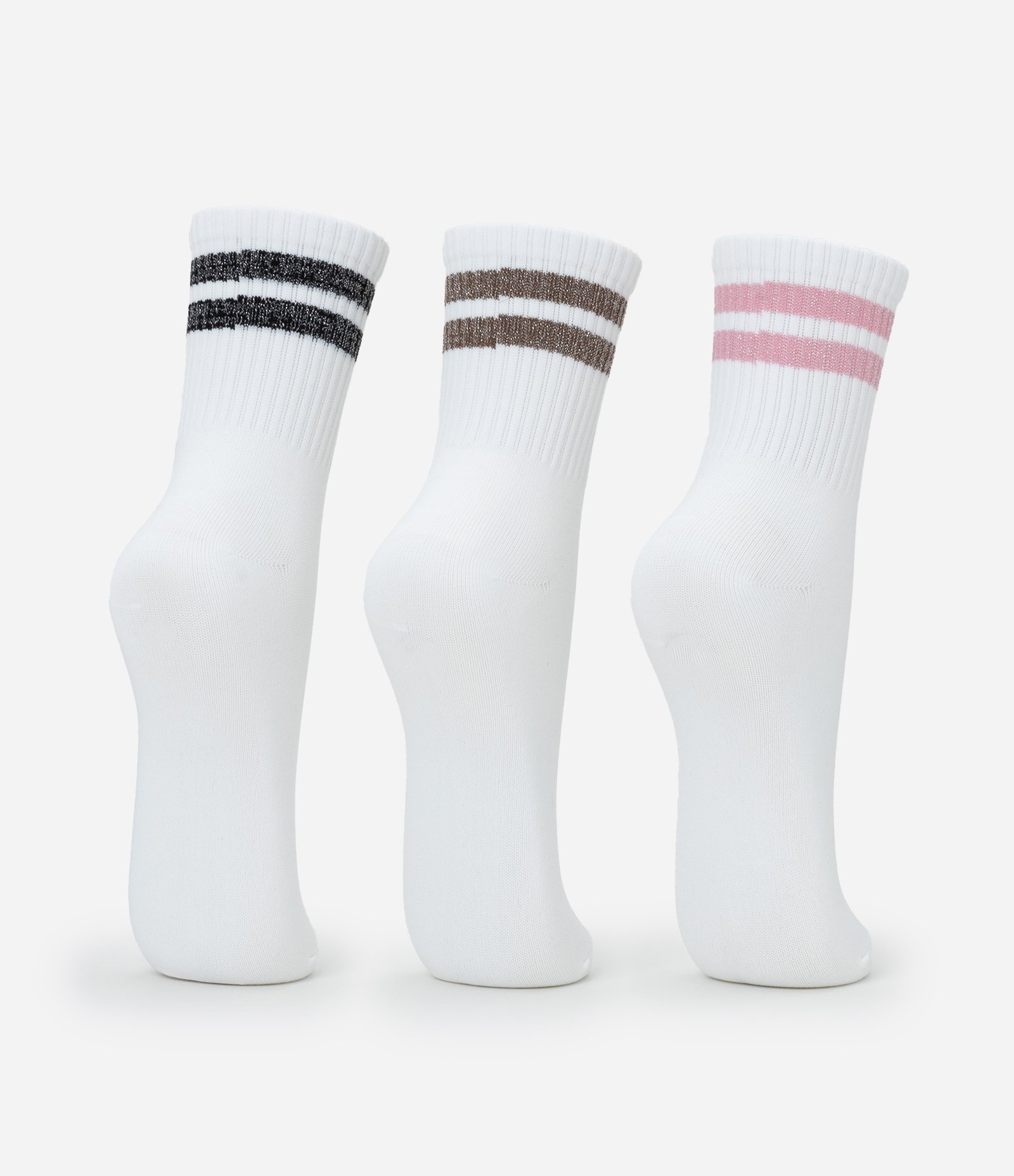 Kit 03 Meias Esportivas com Listras em Fio Metalizado Branco 3