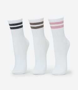 Kit 03 Meias Esportivas com Listras em Fio Metalizado