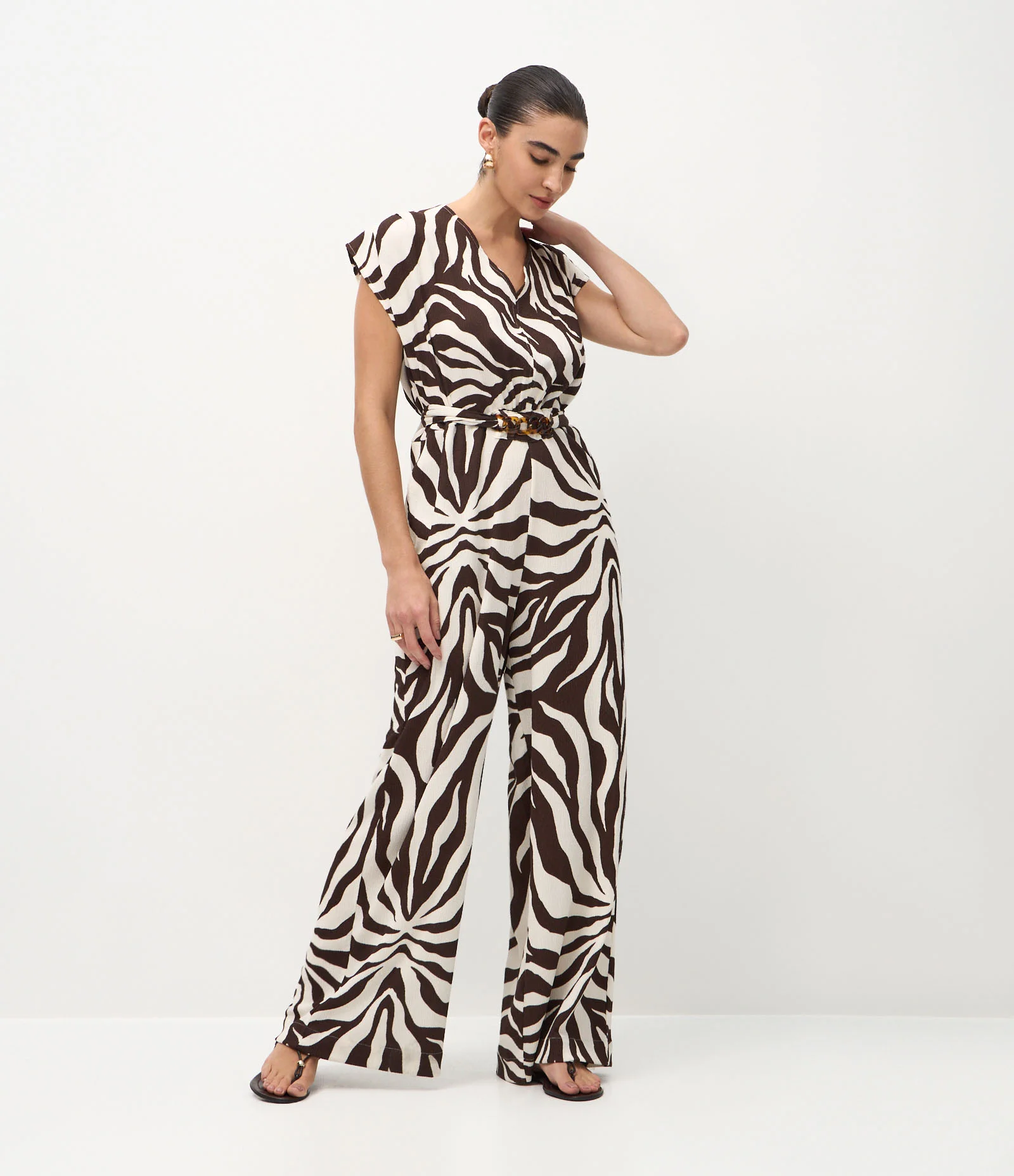 Macacão Longo em Piquet com Estampa Animal Print Branco/Marrom 1