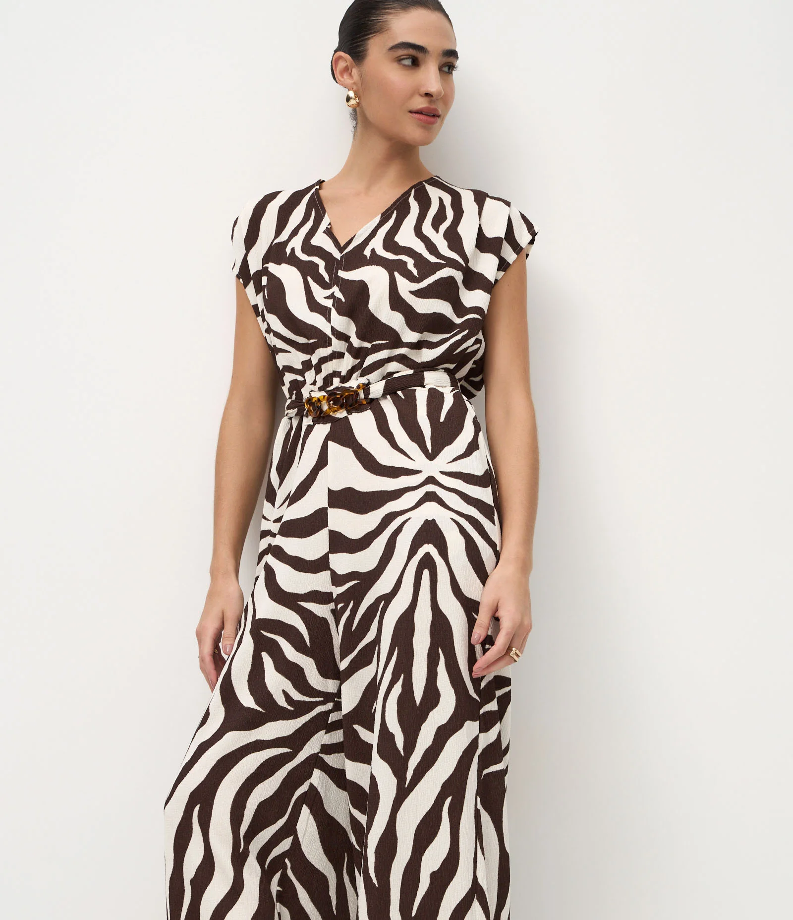 Macacão Longo em Piquet com Estampa Animal Print Branco/Marrom 2