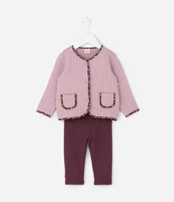 Conjunto Infantil Matelassê com Jaqueta Viés Floral e Calça – Tam 0 a 18 Meses