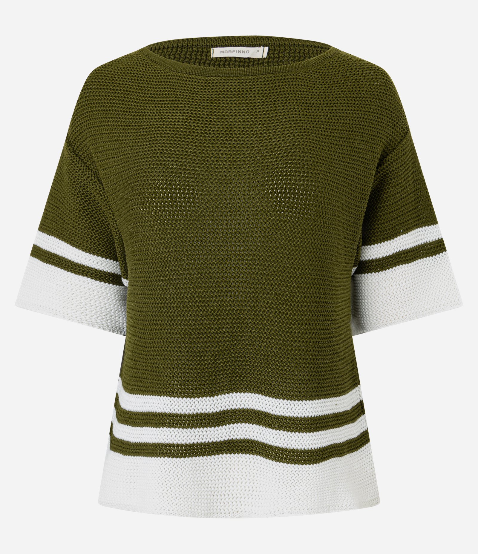 Blusa em Tricô com Ponto Aberto e Listras Contrastantes Verde/Off White 5