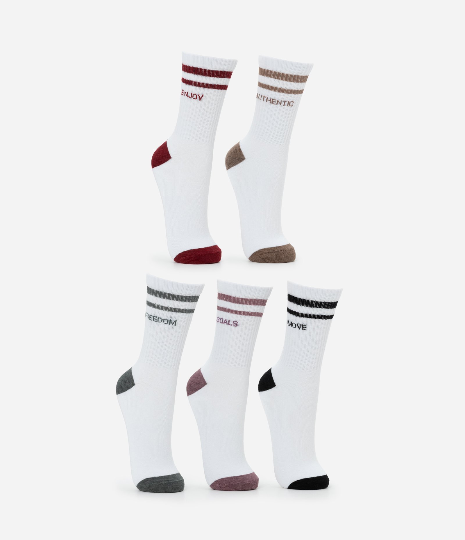 Kit 05 Meias Esportivas Cano Alto em Algodão com Listras e Lettering Branco 2