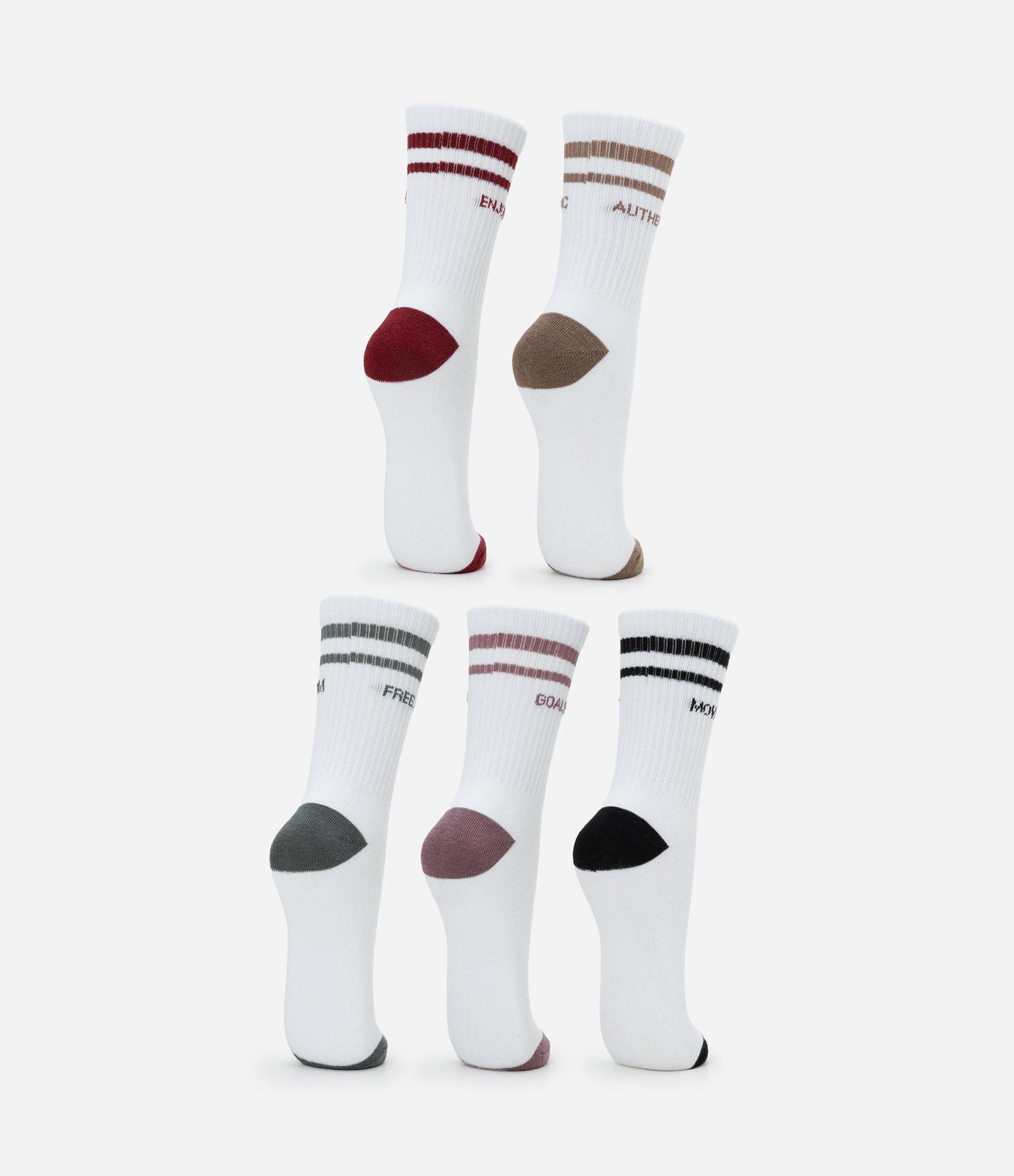 Kit 05 Meias Esportivas Cano Alto em Algodão com Listras e Lettering Branco 3