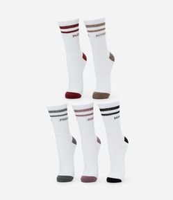 Kit 05 Meias Esportivas Cano Alto em Algodão com Listras e Lettering