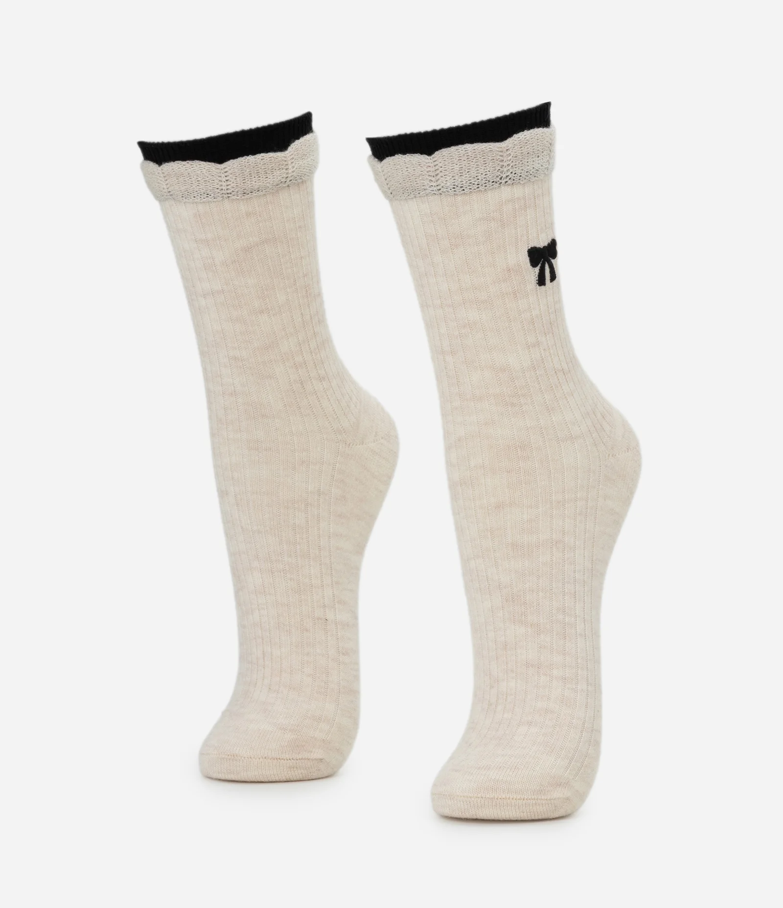 Meia Cano Alto em Algodão com Laço Bordado e Cano Duplo Bege 1