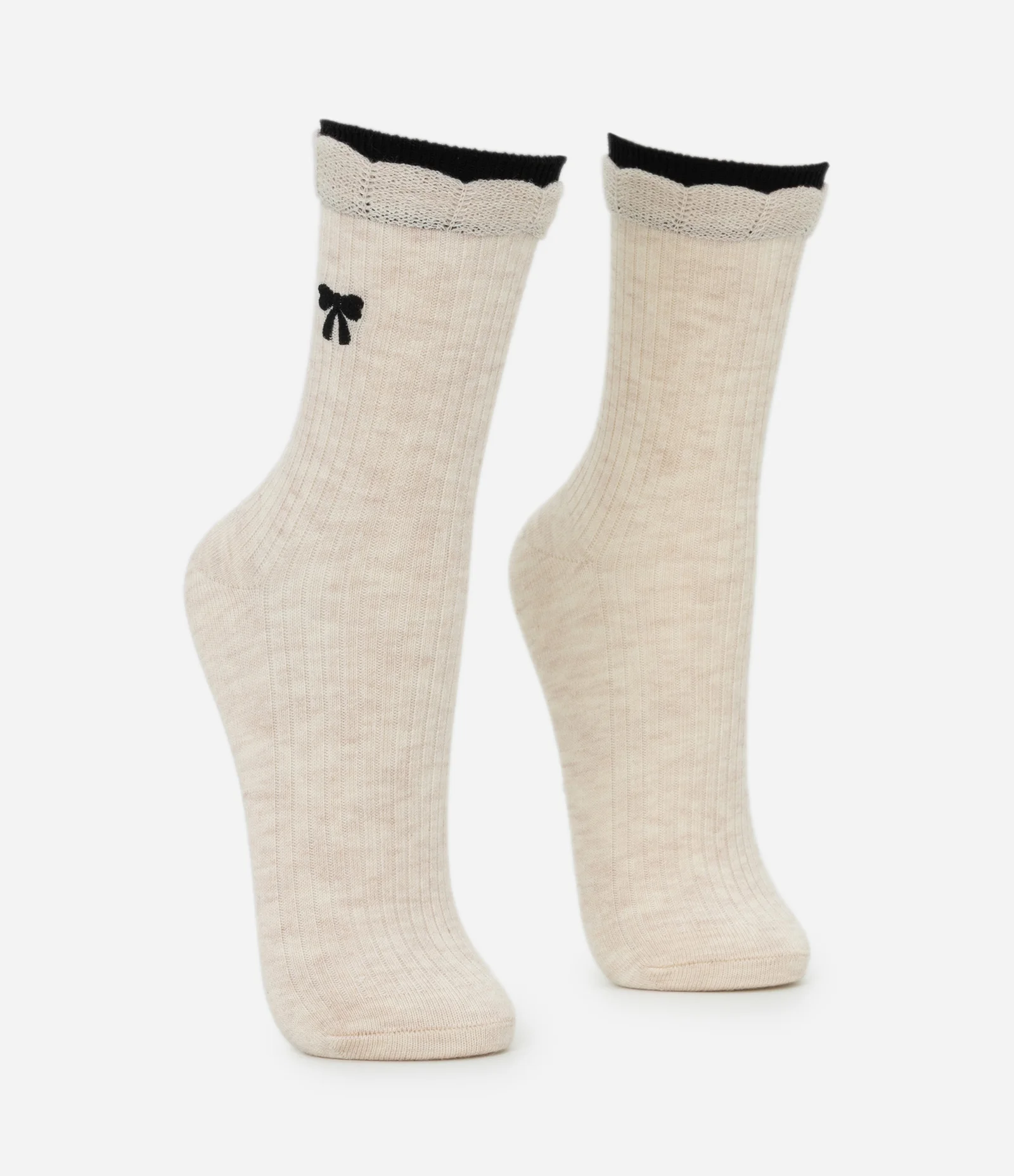 Meia Cano Alto em Algodão com Laço Bordado e Cano Duplo Bege 2