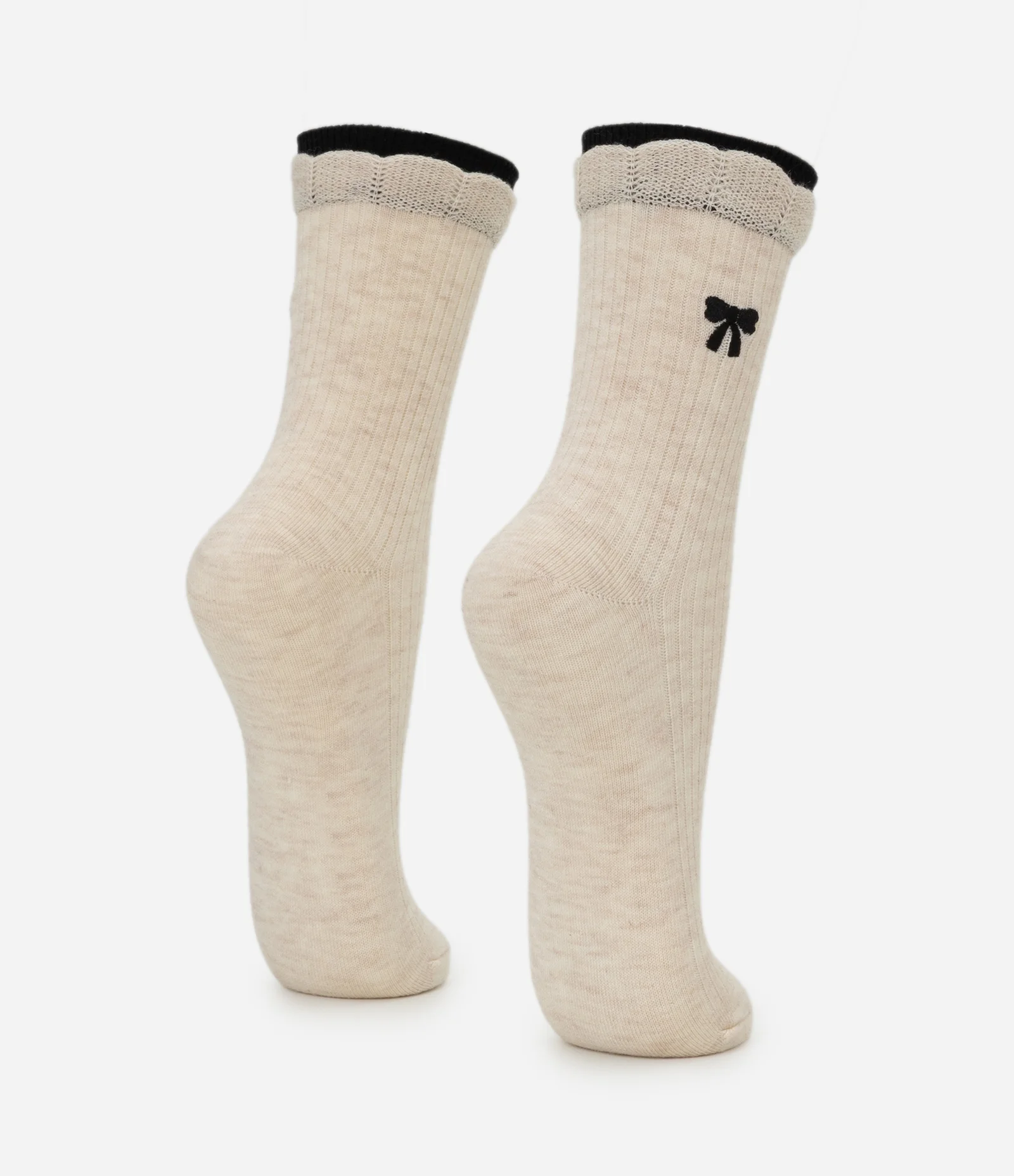 Meia Cano Alto em Algodão com Laço Bordado e Cano Duplo Bege 3