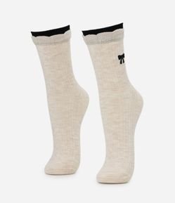 Meia Cano Alto em Algodão com Laço Bordado e Cano Duplo