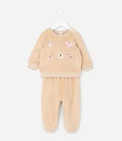 Conjunto Infantil em Fleece com Bordado de Bichinho - Tam 0 a 18 Meses