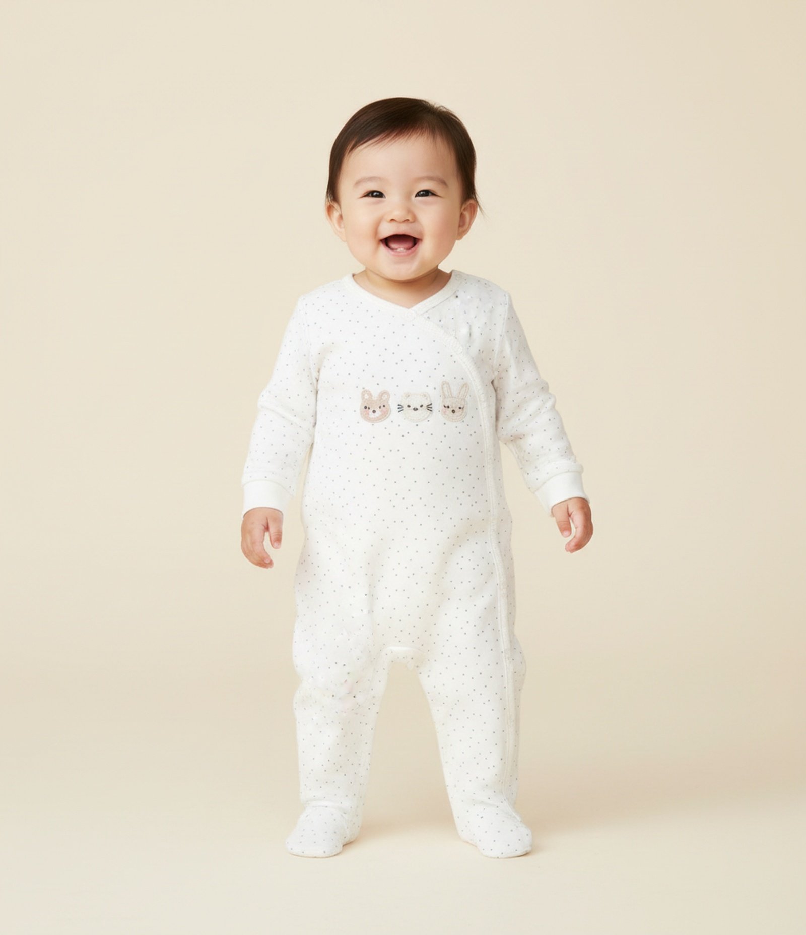 Macacão Infantil em Suedine com Poá e Bordado – Tam RN a 18 Meses Off White 1