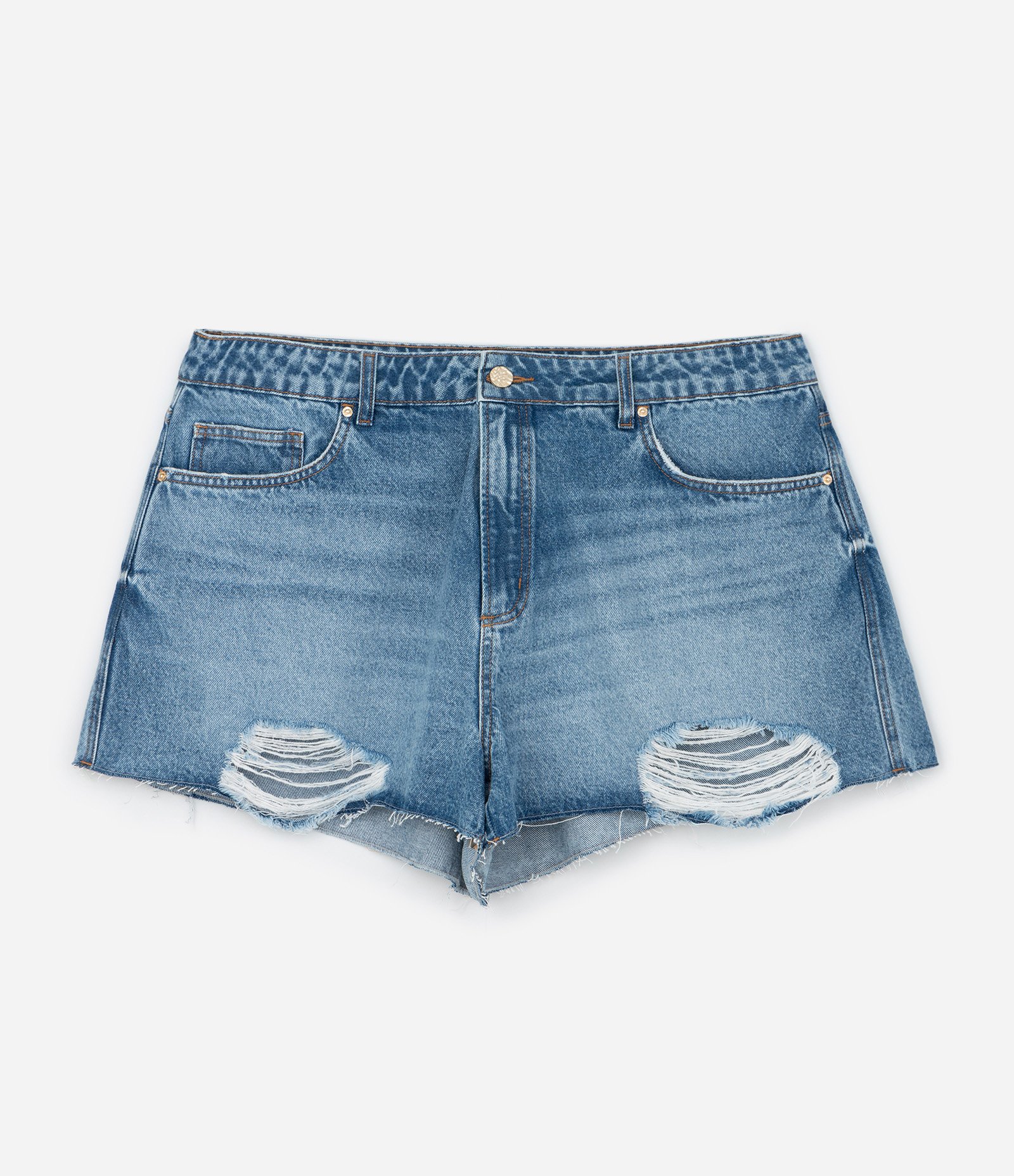 Short Boyfriend Jeans com Puídos e Bordado Mari Lobo Curve & Plus Size Azul 1