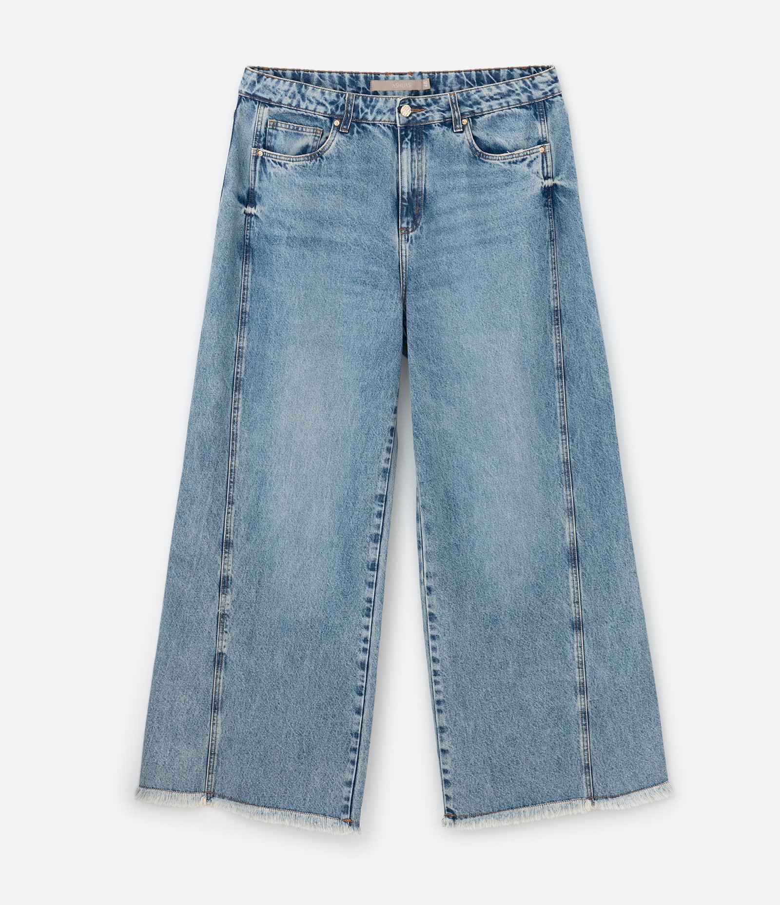 Calça Wide Leg em Jeans com Recorte Laterais Curve & Plus Size Azul Médio 1