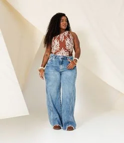 Calça Wide Leg em Jeans com Recorte Laterais Curve & Plus Size