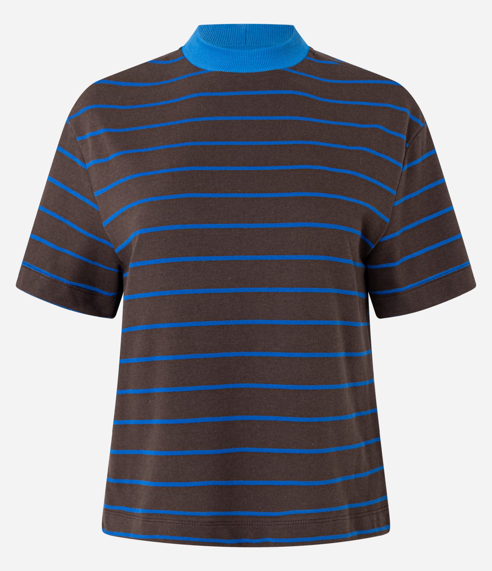 Camiseta Listrada em Malhão com Gola Contrastante Marrom/Azul 5