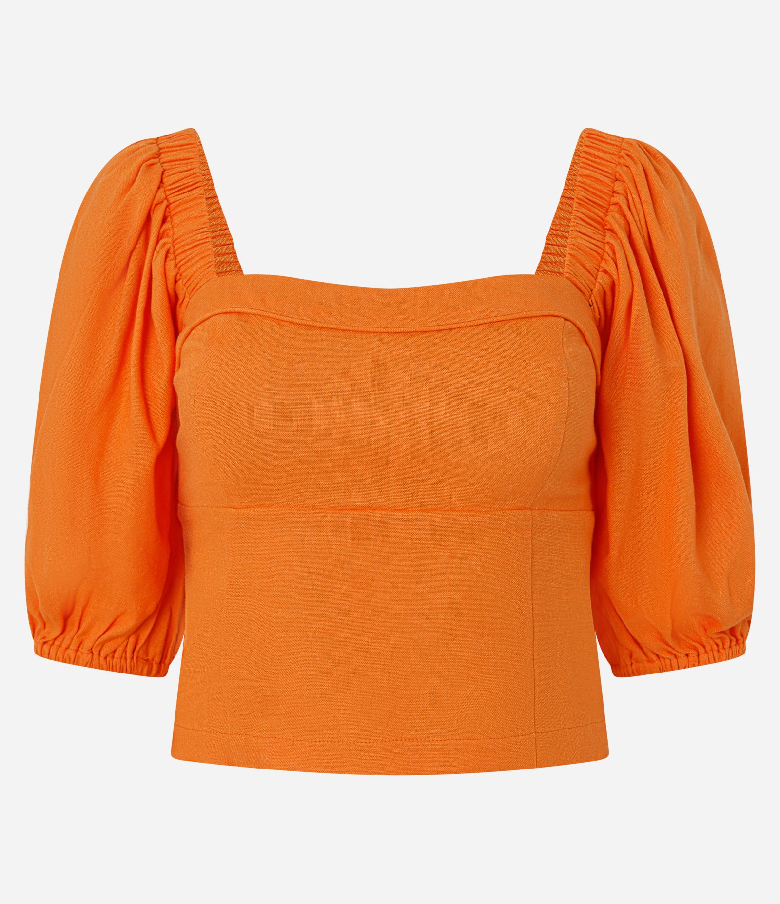 Blusa com Manga Curta Bufante e Detalhe Franzido  em Crepe Laranja 5