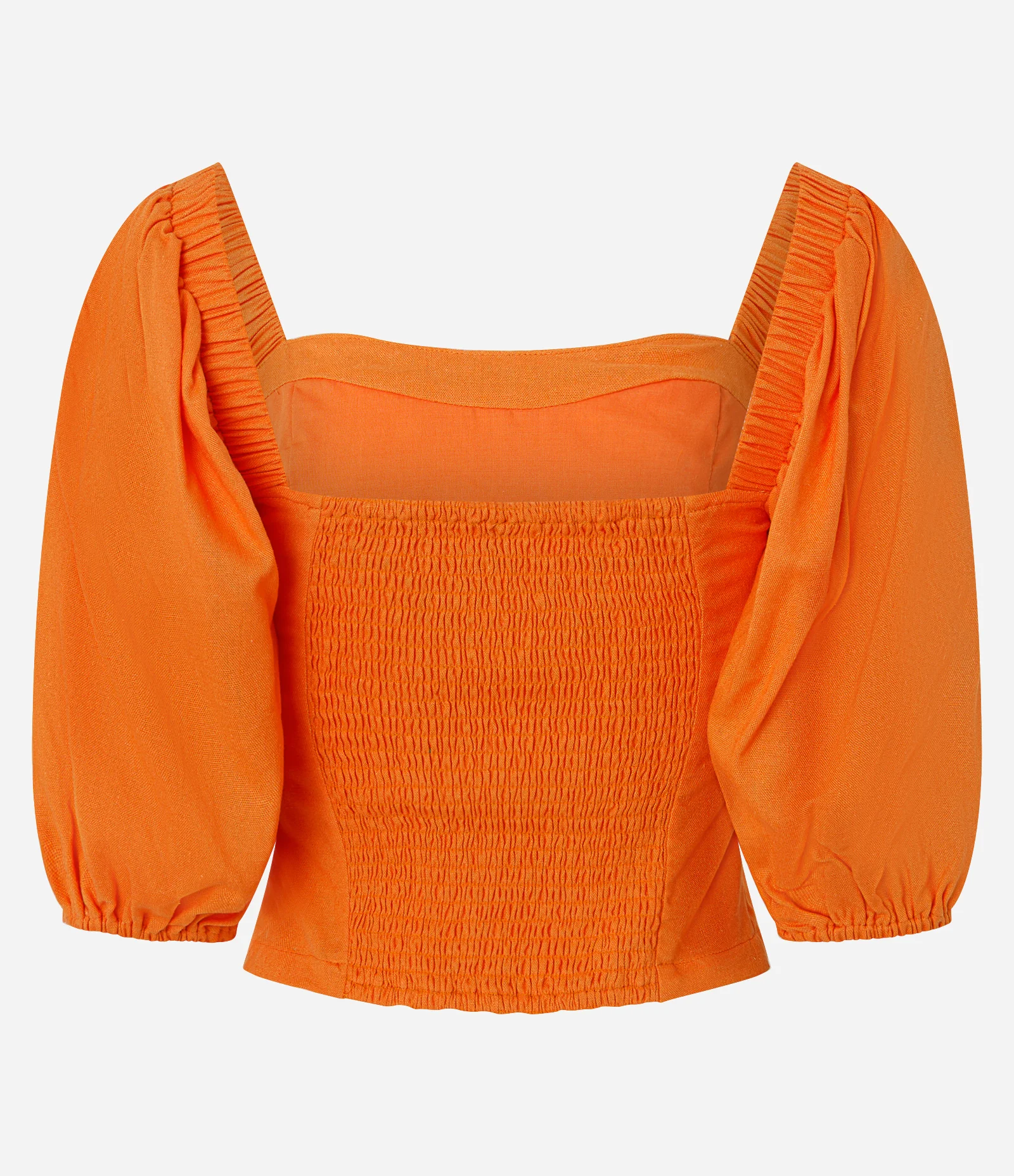 Blusa com Manga Curta Bufante e Detalhe Franzido  em Crepe Laranja 6