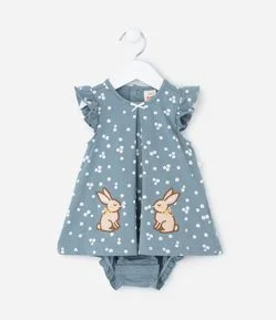 Vestido Body Infantil com Estampa Poá e Bordado Coelhinho – Tam 0 a 18 Meses