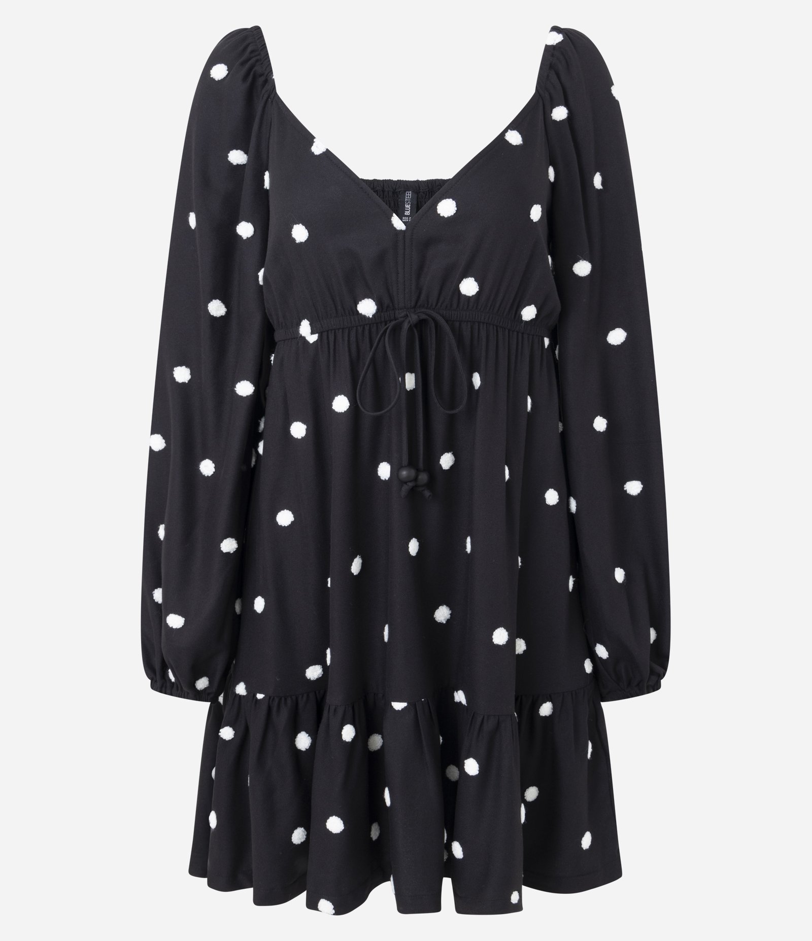 Vestido Curto em Viscolinho com Manga Longa e Aplicação de Bolinhas Preto 1