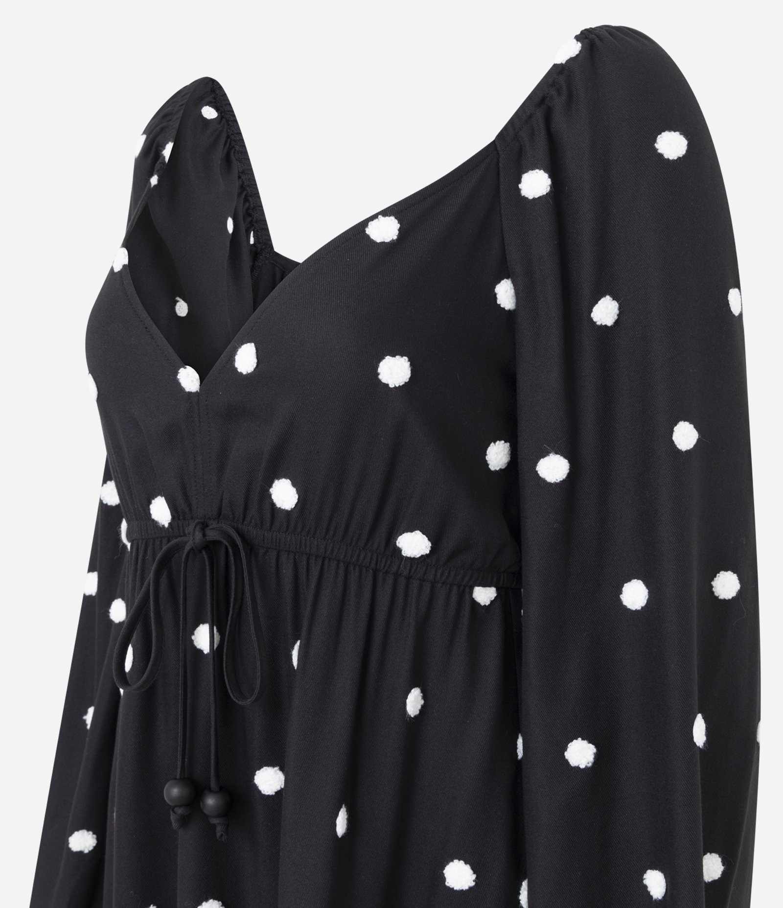 Vestido Curto em Viscolinho com Manga Longa e Aplicação de Bolinhas Preto 2