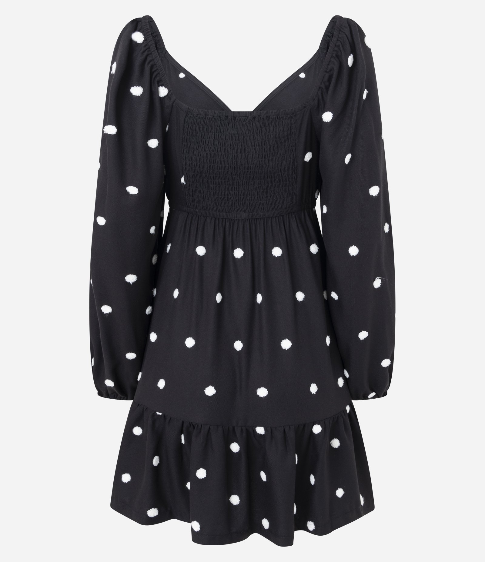 Vestido Curto em Viscolinho com Manga Longa e Aplicação de Bolinhas Preto 3