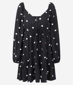 Vestido Curto em Viscolinho com Manga Longa e Aplicação de Bolinhas